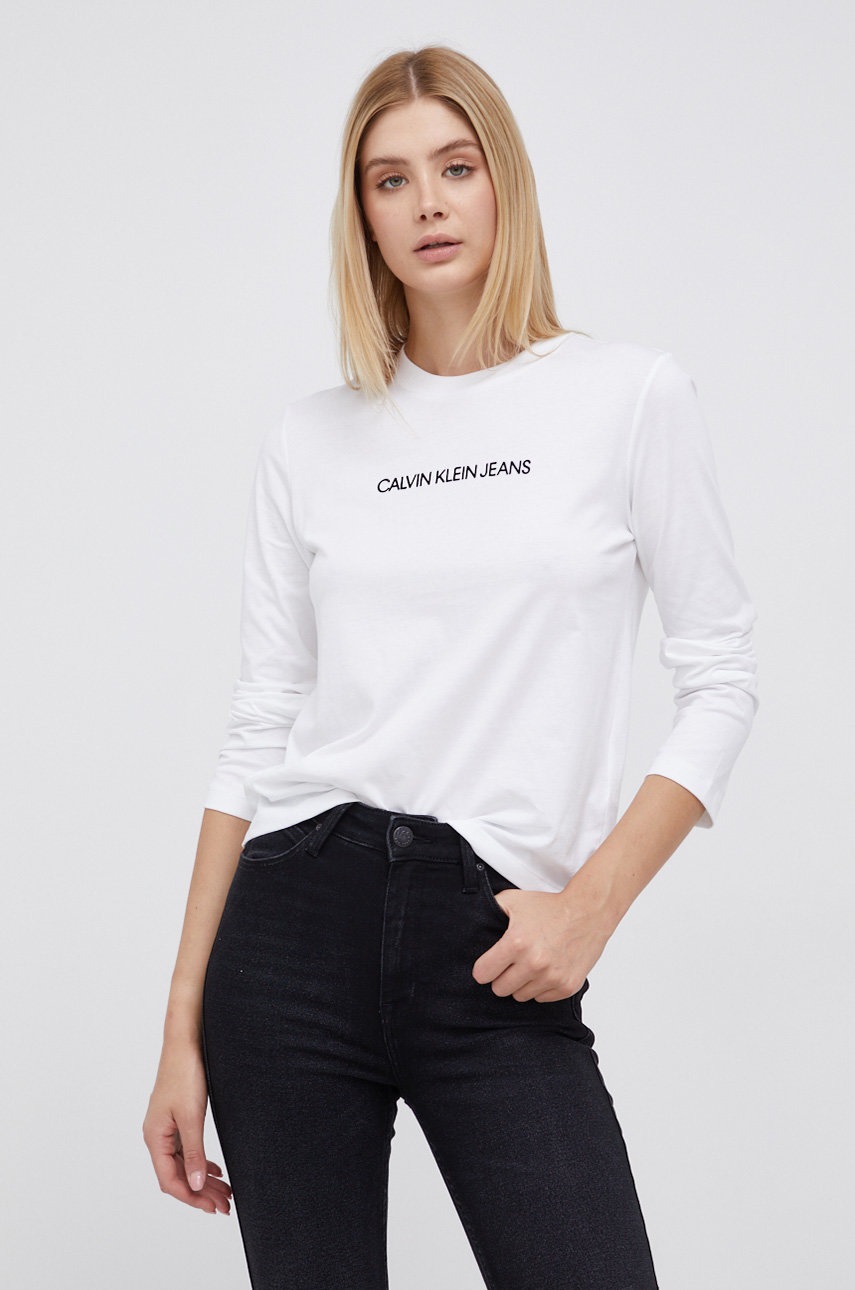 

Памучна блуза с дълги ръкави Calvin Klein Jeans в бяло, Бял