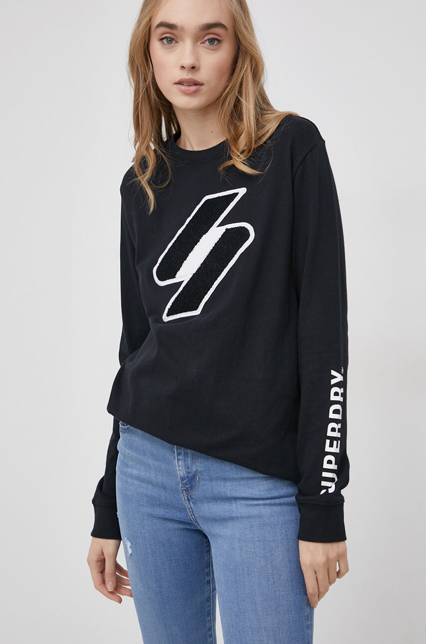 

Памучна блуза с дълги ръкави Superdry в черно, Черен