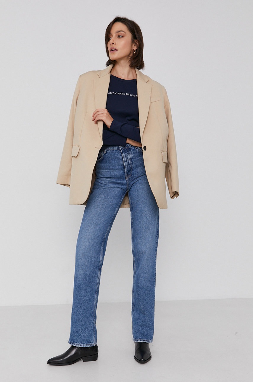 Βαμβακερό πουκάμισο με μακριά μανίκια United Colors of Benetton χρώμα: ναυτικό μπλε φωτογραφία