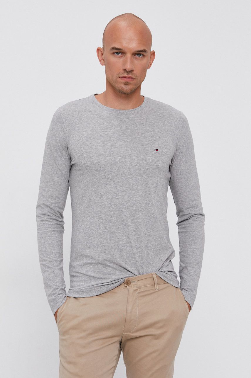 Tričko s dlouhým rukávem Tommy Hilfiger pánské, šedá barva, hladké - šedá -  96% Bavlna