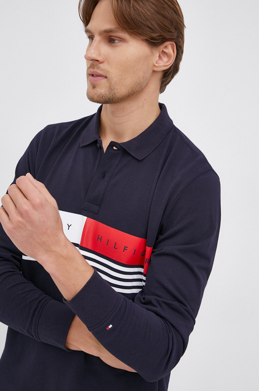 

Памучна блуза с дълги ръкави Tommy Hilfiger в меланж на тъмносиньо, Тъмносин