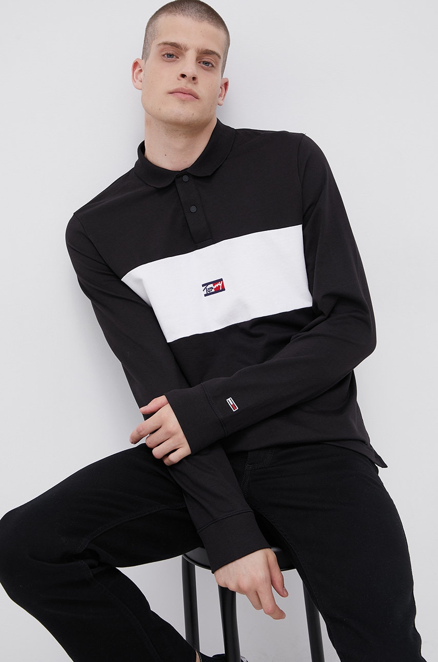Tommy Jeans Longsleeve din bumbac culoarea negru, material neted Tommy Jeans Longsleeve din bumbac culoarea negru, material neted ANSWEAR