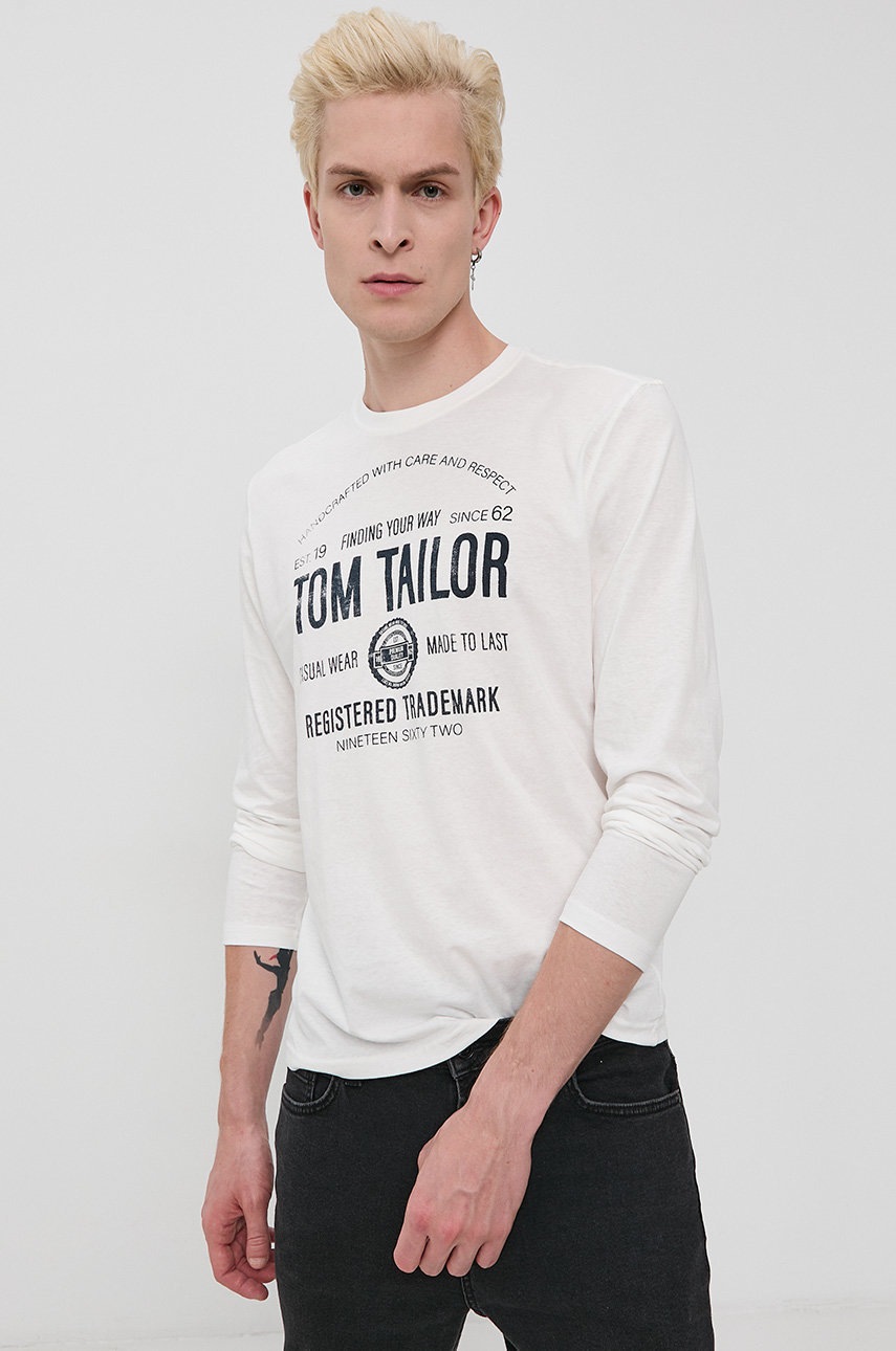

Бавовняний лонгслів Tom Tailor колір білий з принтом