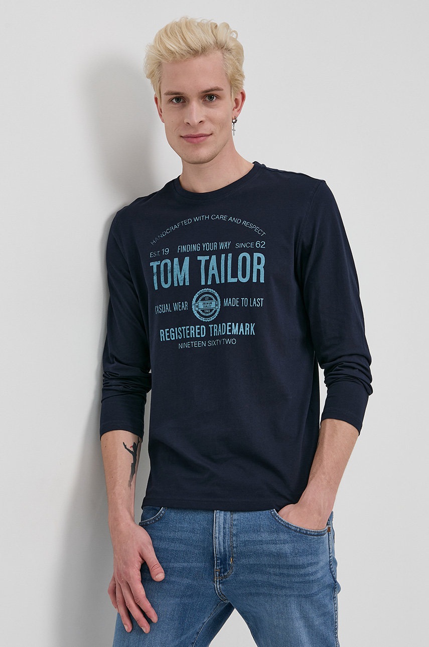 

Памучна блуза с дълги ръкави Tom Tailor в тъмносиньо с принт, Тъмносин