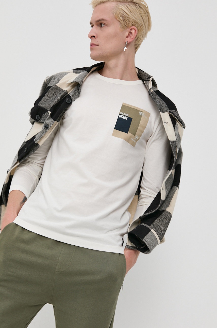 Tom tailor longsleeve din bumbac culoarea bej, cu imprimeu