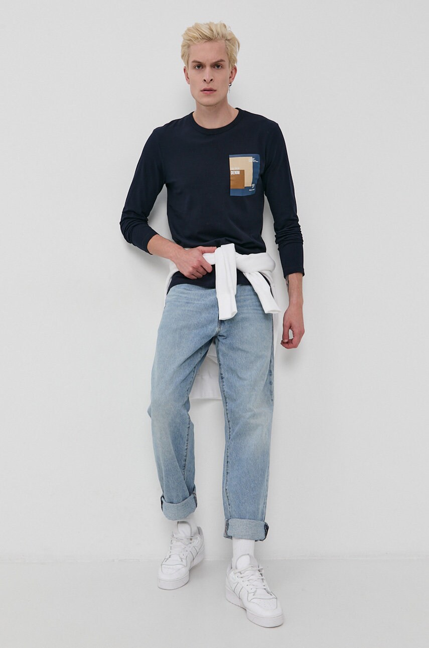 Tom tailor longsleeve din bumbac culoarea albastru marin, cu imprimeu