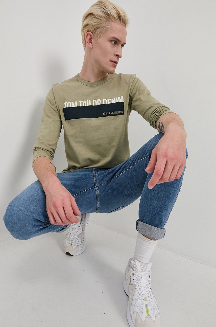 Tom Tailor Longsleeve din bumbac culoarea verde, cu imprimeu 2023 ❤️ Pret Super answear imagine noua 2022