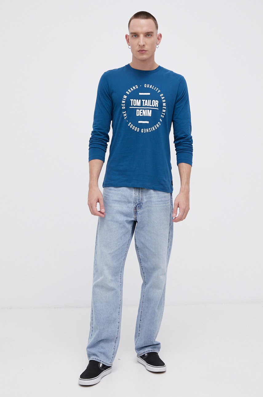 Tom tailor longsleeve din bumbac culoarea turcoaz, cu imprimeu