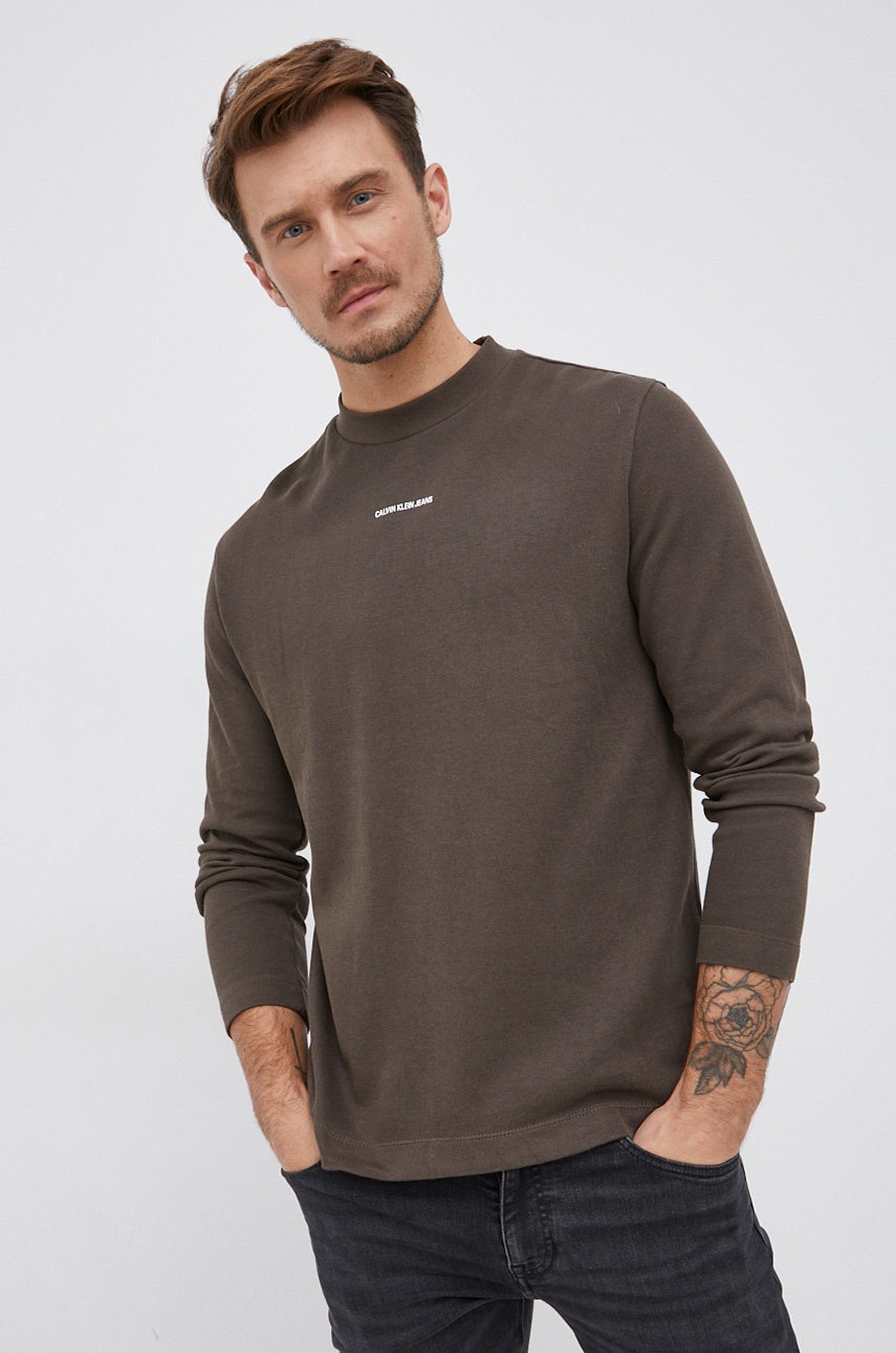 

Памучна блуза с дълги ръкави Calvin Klein Jeans в зелено с изчистен дизайн, Зелен