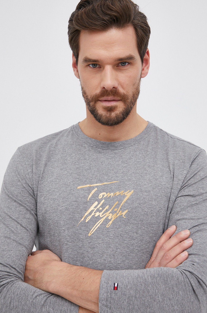 

Памучна блуза с дълги ръкави Tommy Hilfiger в сиво с принт, Сив