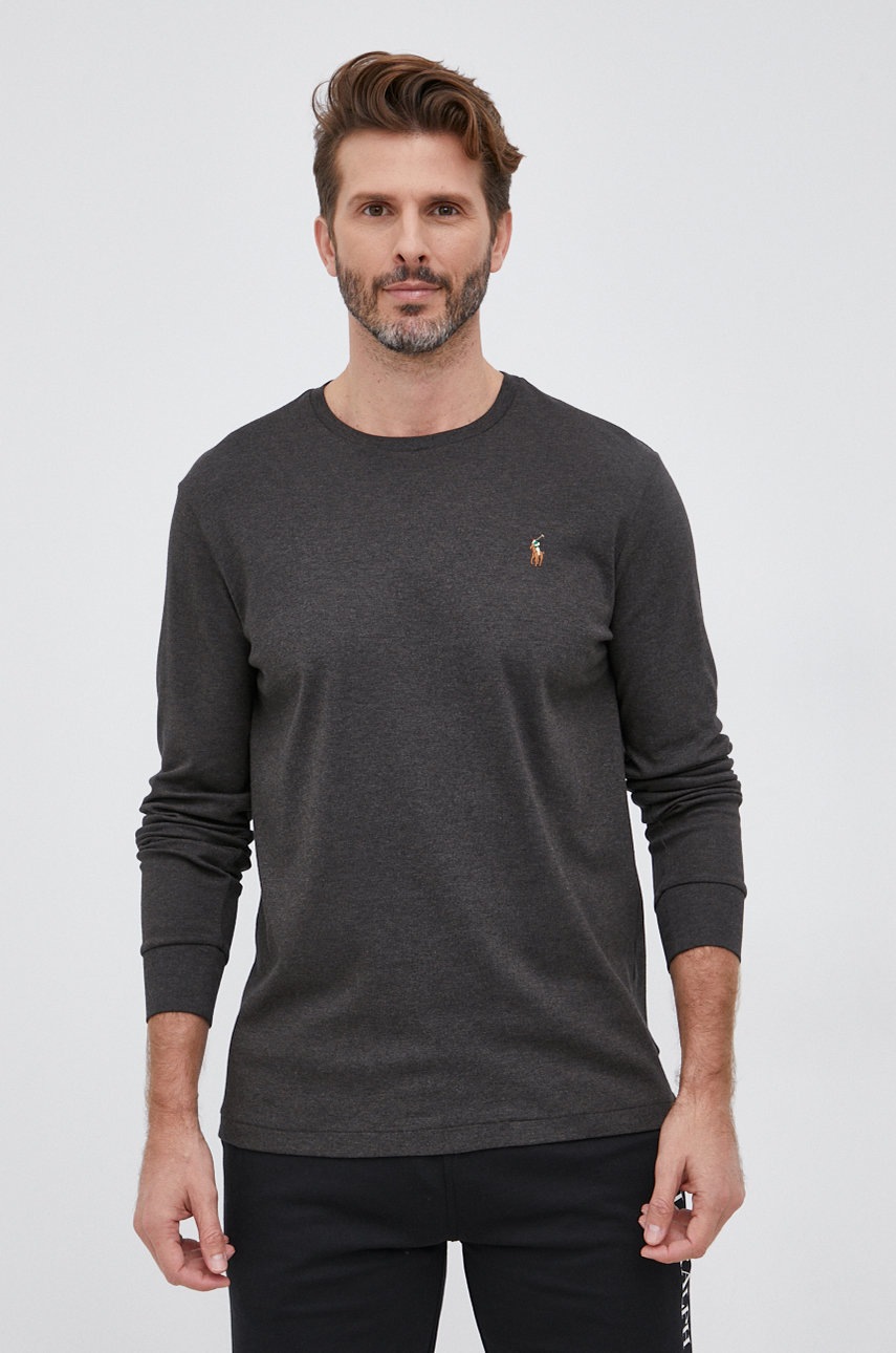 

Памучна блуза с дълги ръкави Polo Ralph Lauren в сиво с изчистен дизайн, Сив
