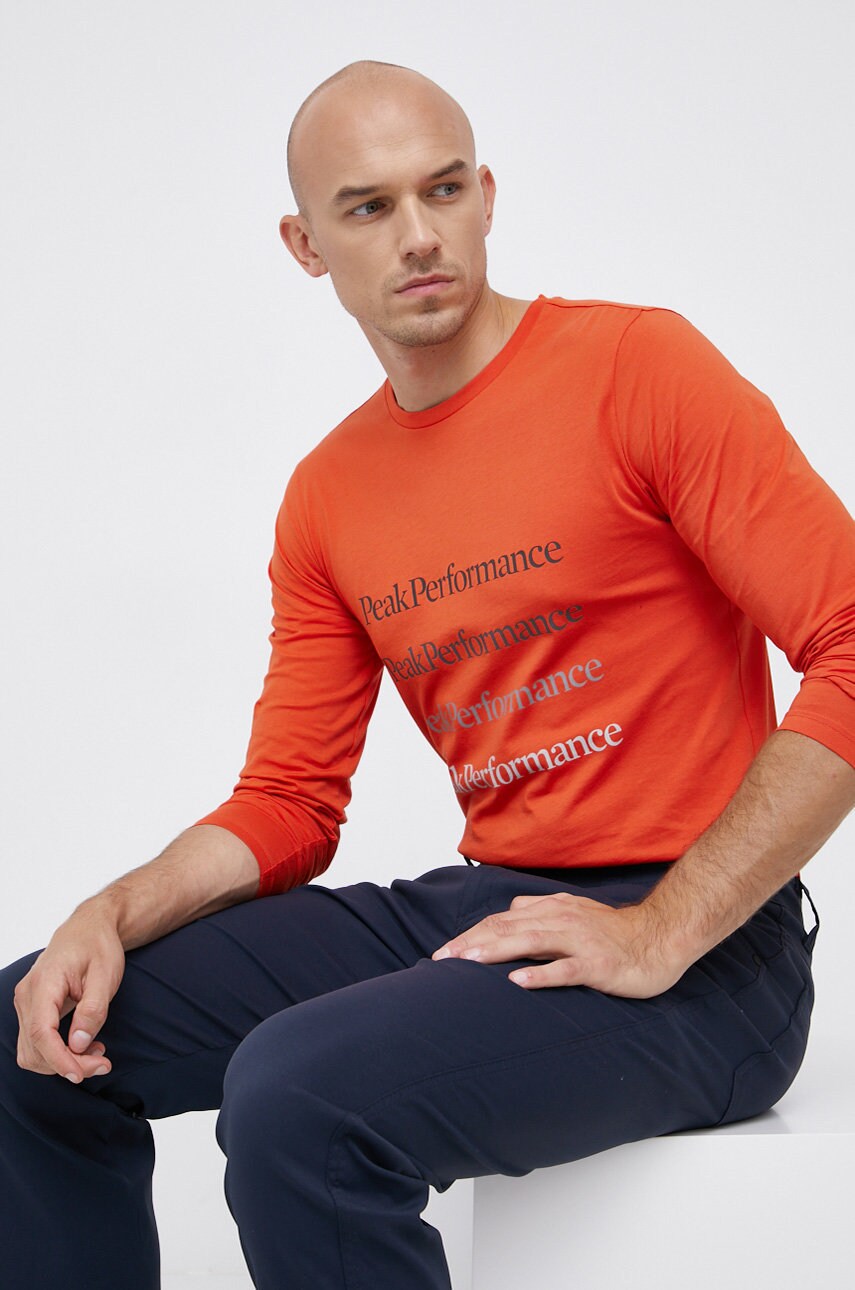 Peak performance longsleeve din bumbac culoarea portocaliu, cu imprimeu
