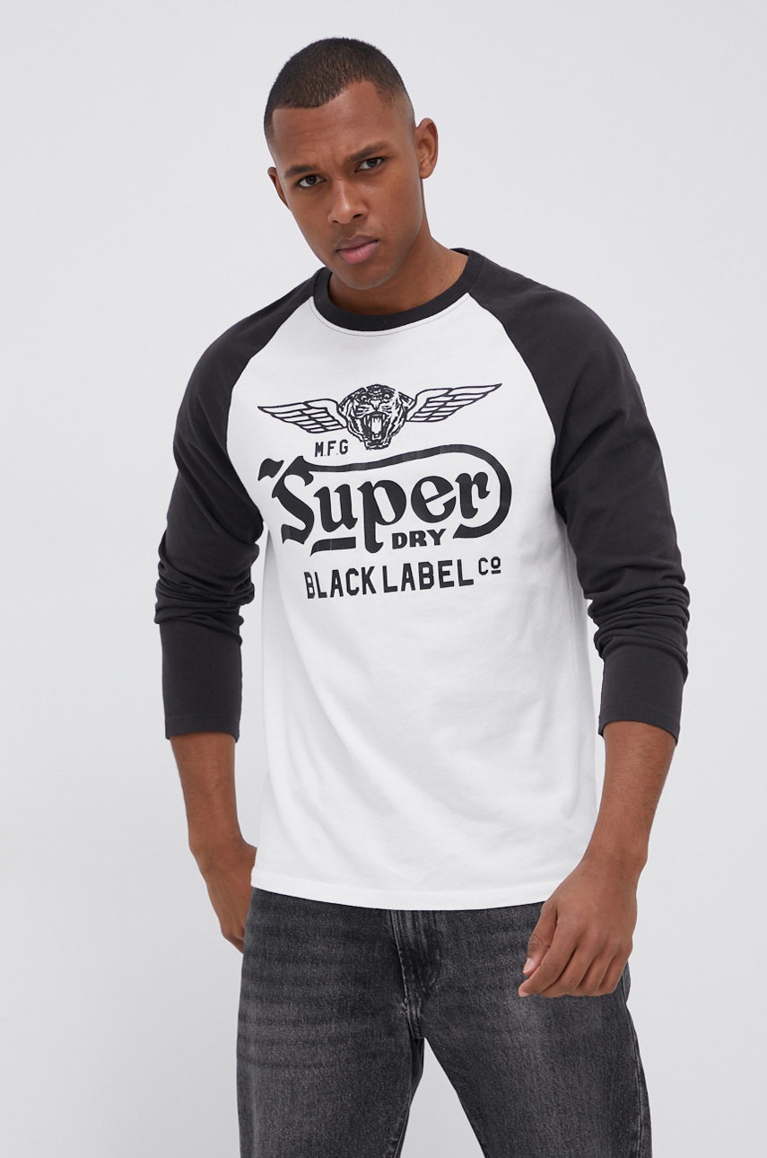 

Памучна блуза с дълги ръкави Superdry в бяло с принт, Бял