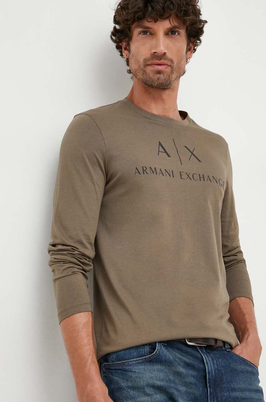 

Хлопковый лонгслив Armani Exchange цвет зелёный с принтом