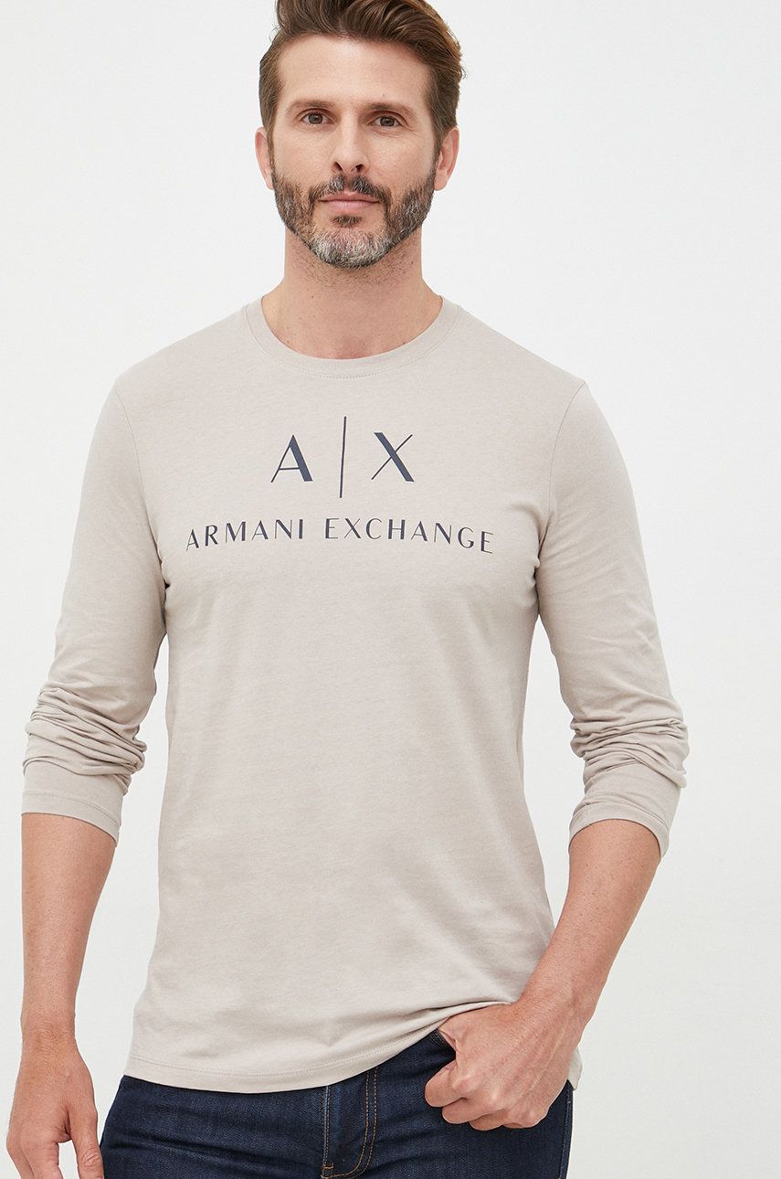 

Памучна блуза с дълги ръкави Armani Exchange в бежово с принт, Бежов