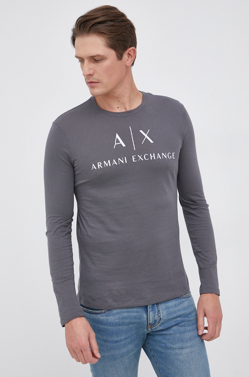 

Памучна блуза с дълги ръкави Armani Exchange в сиво с принт, Сив