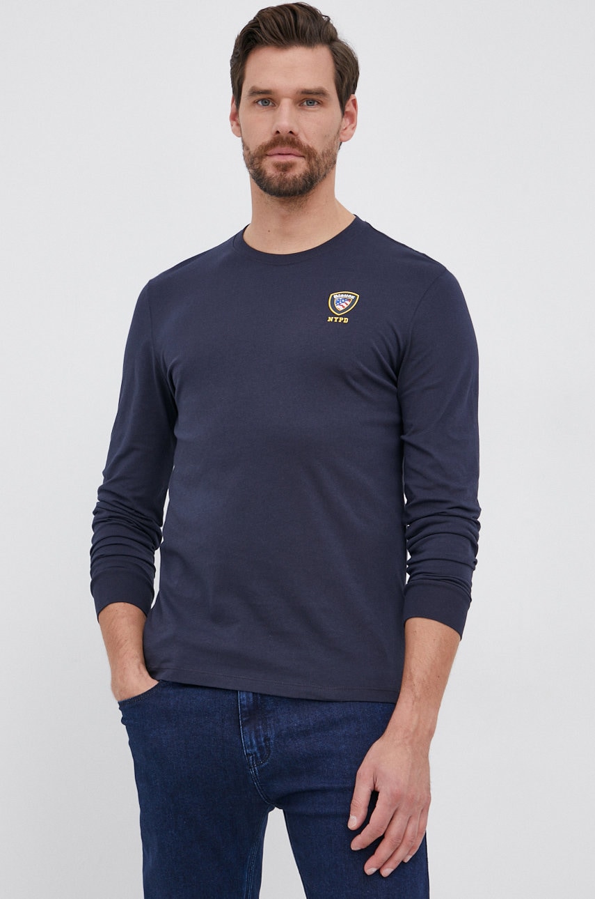 Blauer longsleeve din bumbac culoarea albastru marin, material neted