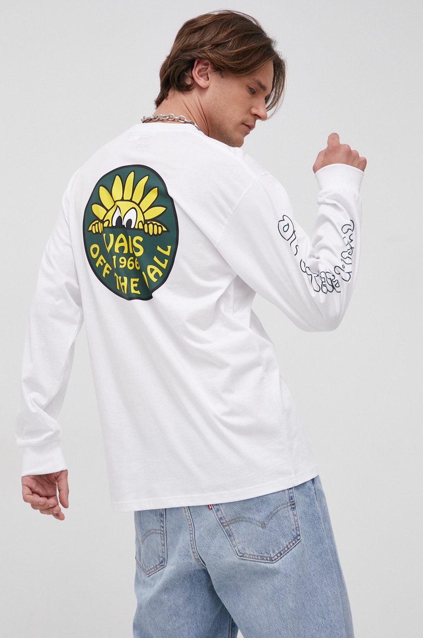 

Памучна блуза с дълги ръкави Vans в бяло с принт, Бял