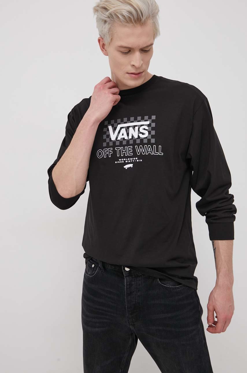 

Памучна блуза с дълги ръкави Vans в черно с принт, Черен