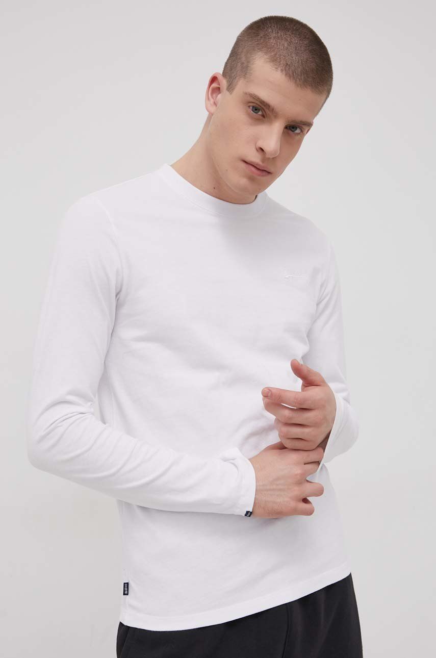 Bavlněné tričko s dlouhým rukávem Superdry bílá barva, hladké