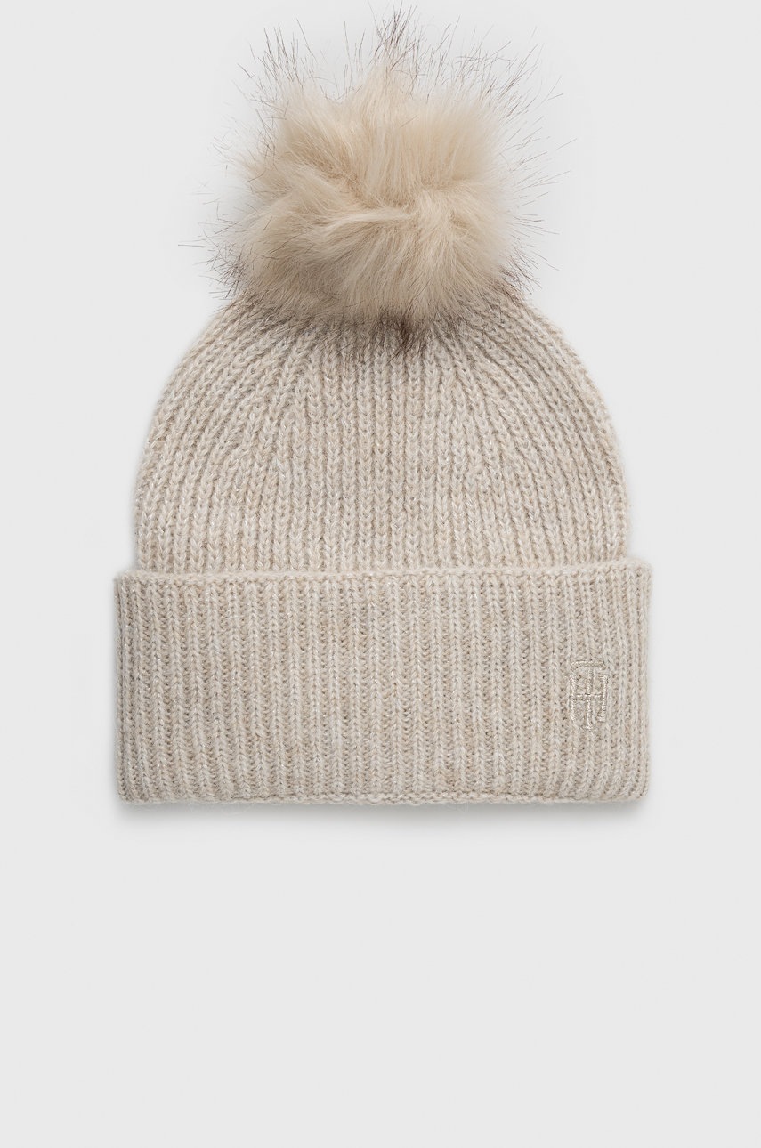 

Шапка с вълна Tommy Hilfiger в кремаво от плътен трикотаж, Бежов