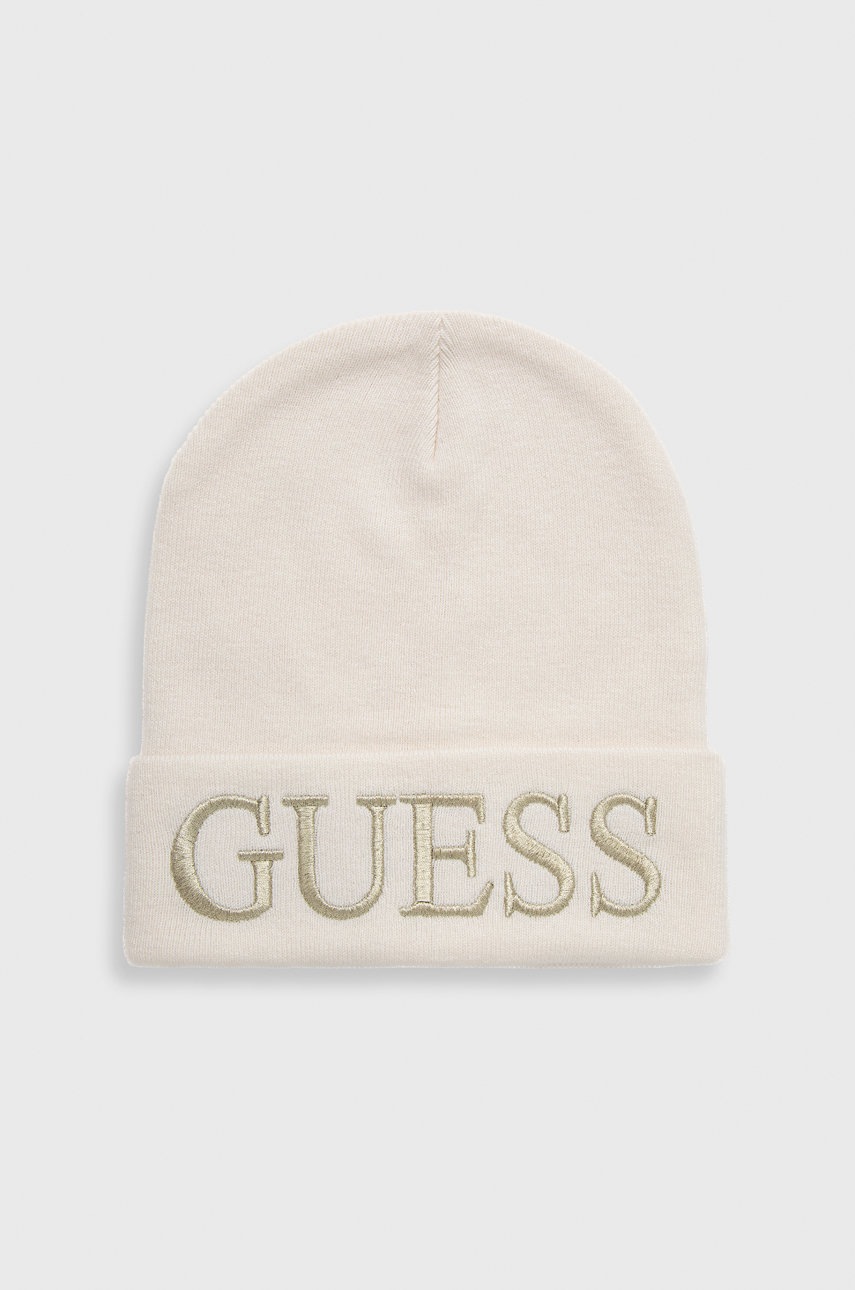 

Шапка с вълна Guess в бяло с фина плетка, Бял