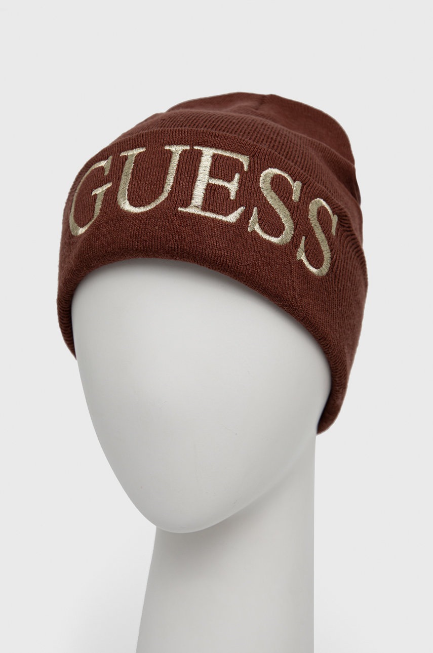 

Шапка с примесью шерсти Guess цвет коричневый из тонкого трикотажа