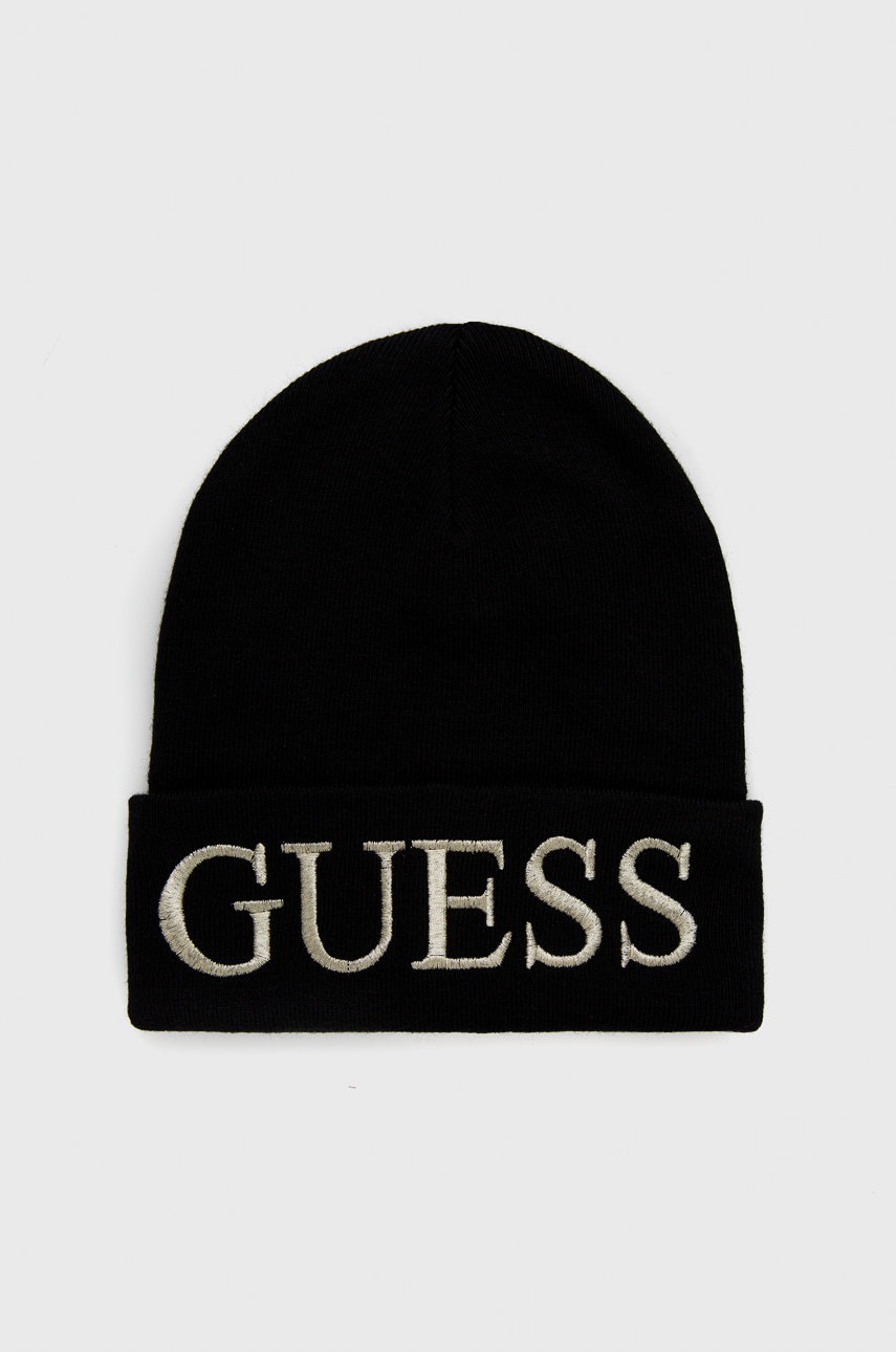 

Шапка с вълна Guess в черно с фина плетка, Черен