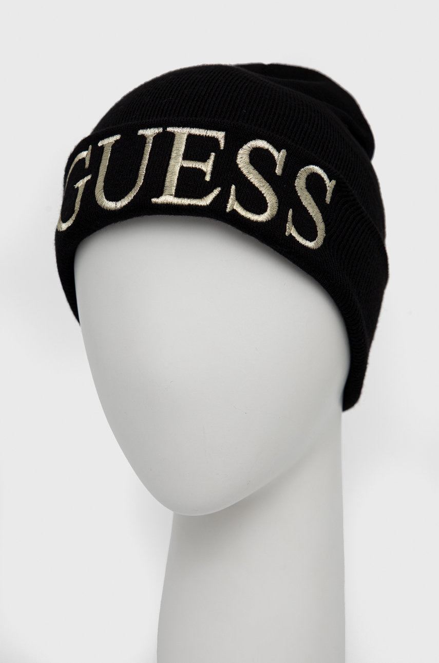 

Шапка з домішкою вовни Guess колір чорний з тонкого трикотажу