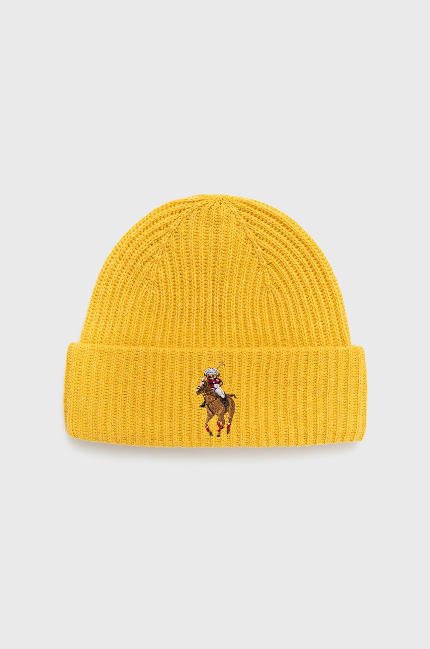 

Шапка с вълна Polo Ralph Lauren в жълто с фина плетка, Жълт