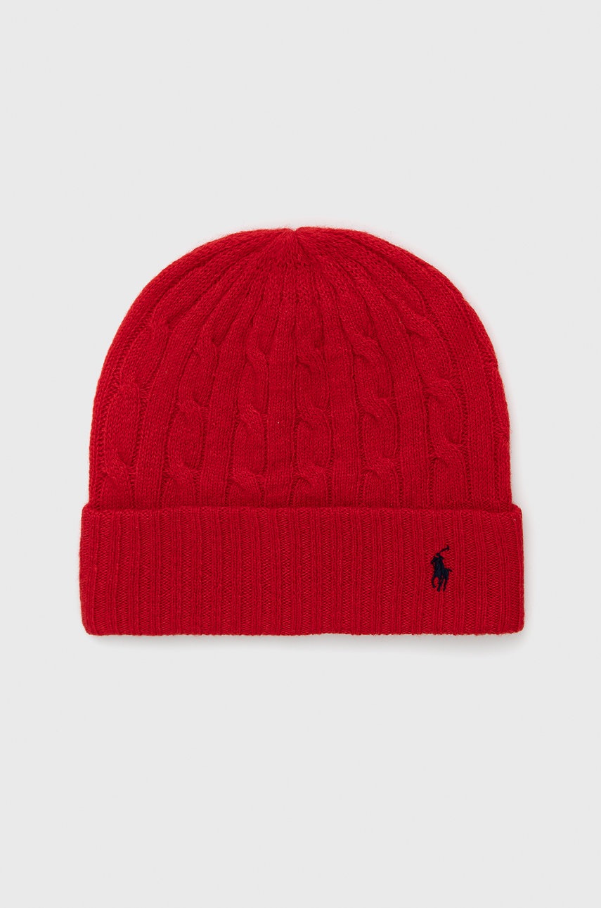

Вълнена шапка Polo Ralph Lauren в червено с фина плетка от вълна, Червен