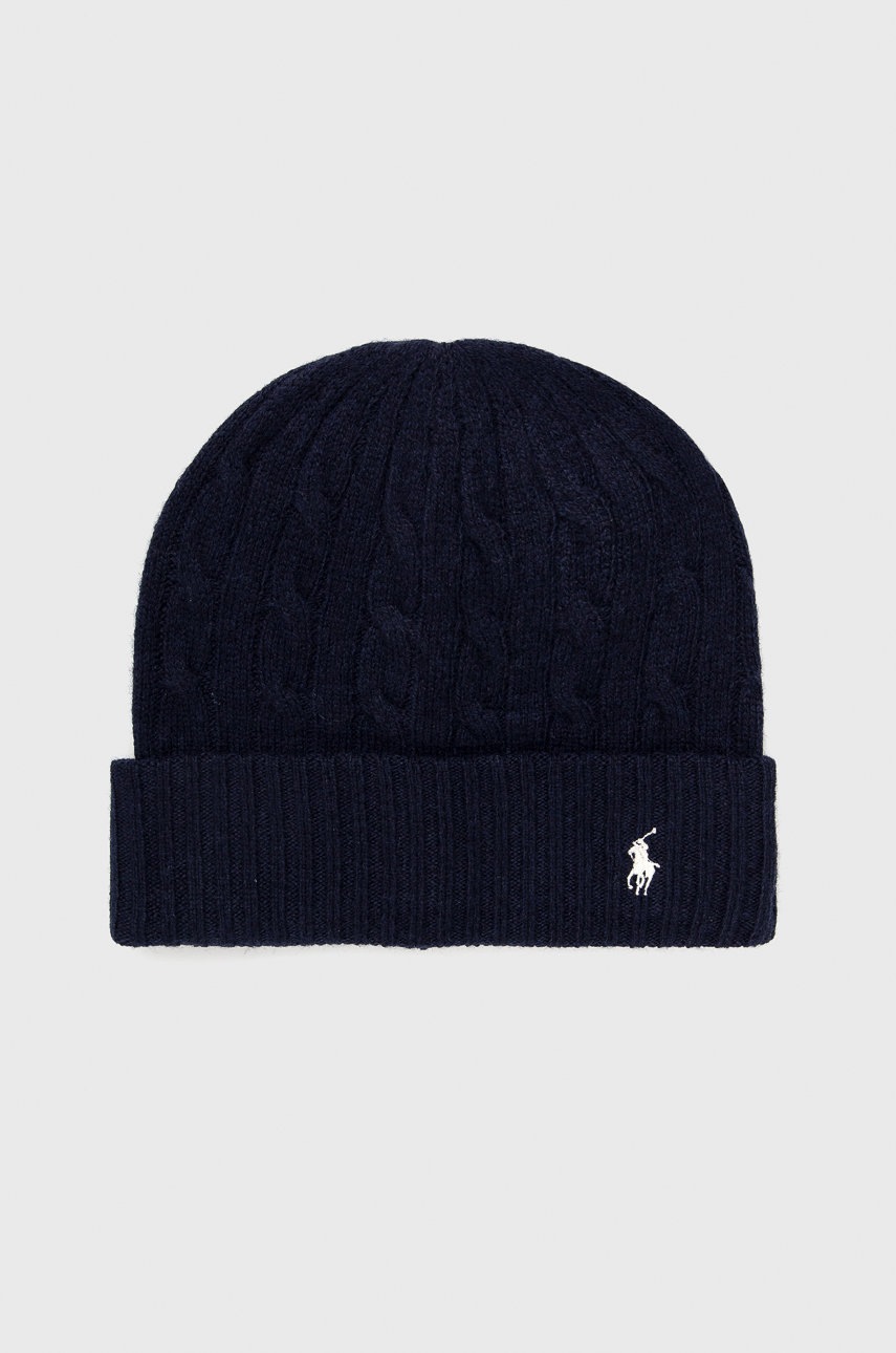

Вълнена шапка Polo Ralph Lauren в тъмносиньо с фина плетка от вълна, Тъмносин