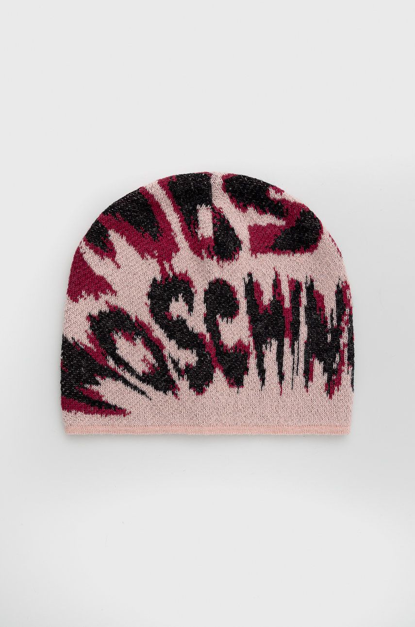 Čepice Moschino růžová barva, z tenké pleteniny - růžová -  33% Akryl