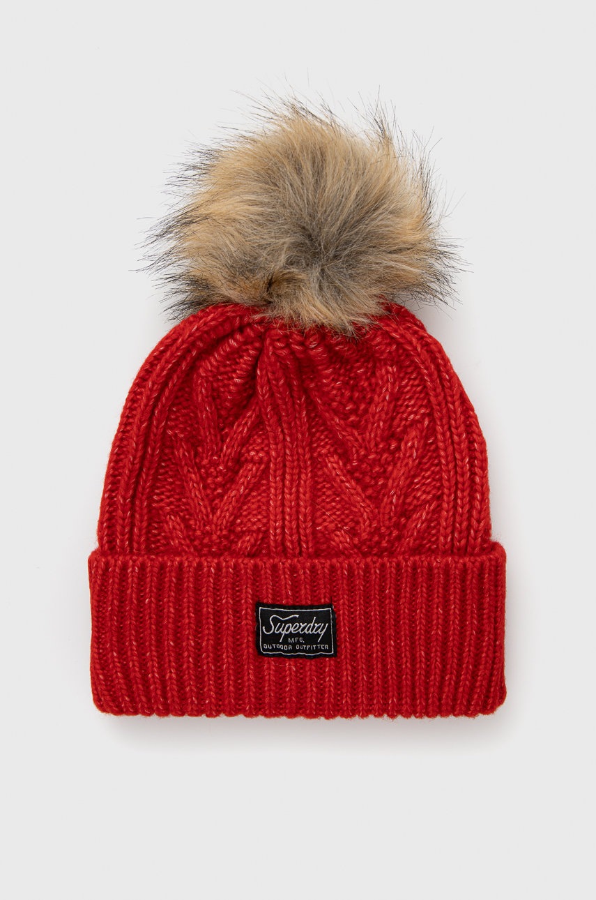 

Шапка с вълна Superdry в червено с фина плетка, Червен