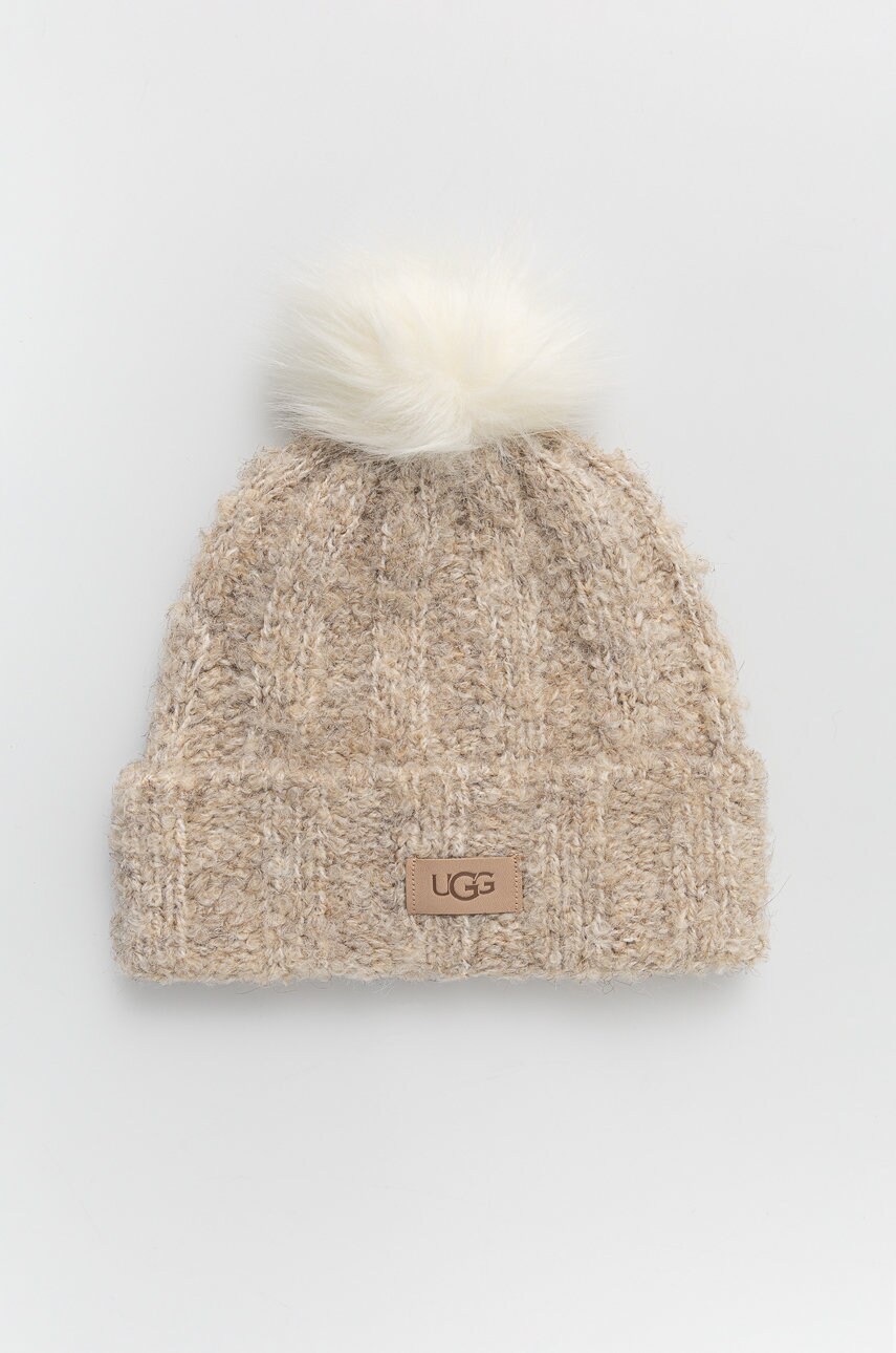 

Шапка с вълна UGG Boucle Knit Cuff Pom в бежово от плътен трикотаж, Бежов