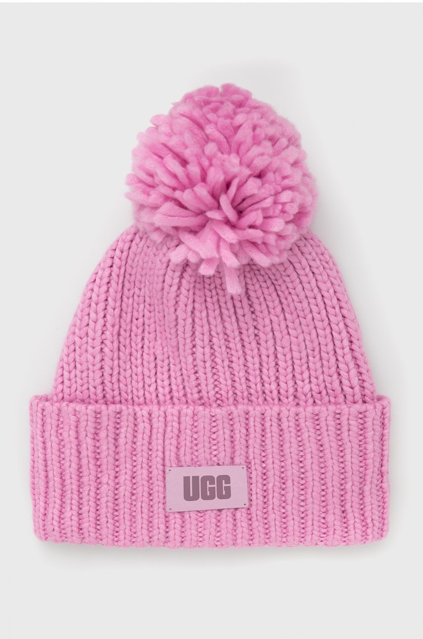 

Шапка с вълна UGG в розово от плътен трикотаж, Розов
