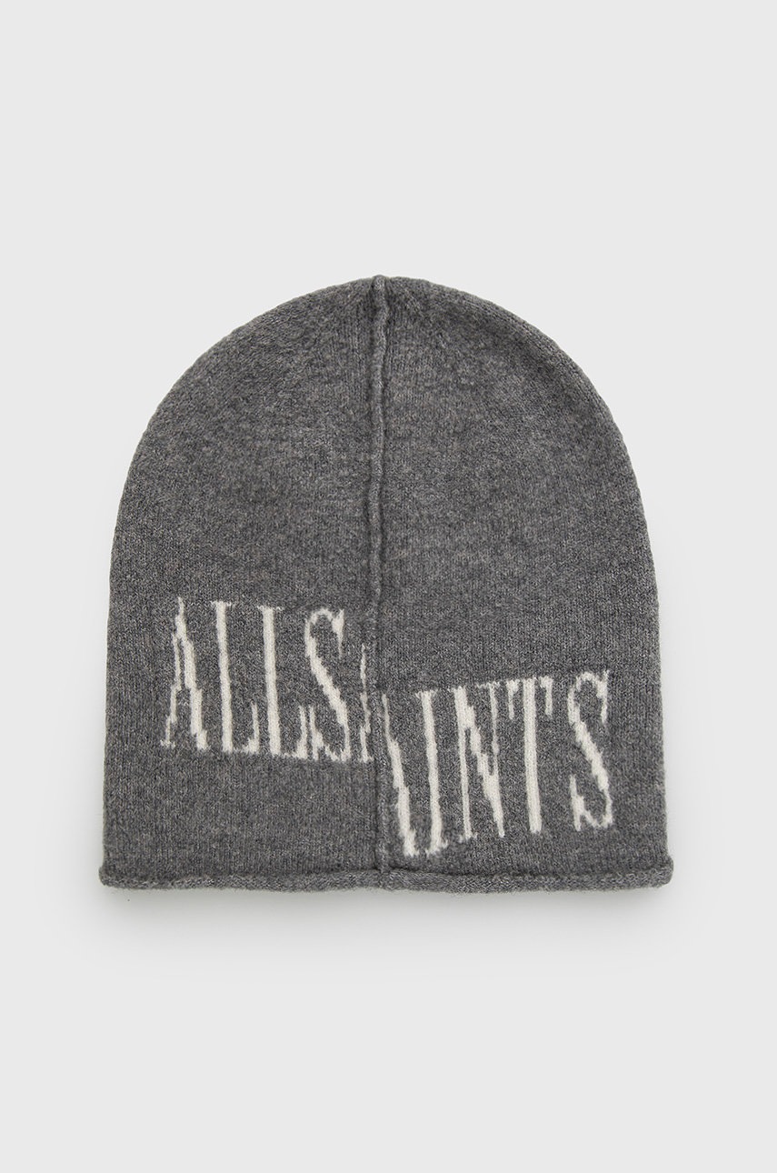 

Шапка с примесью шерсти AllSaints цвет серый из тонкого трикотажа