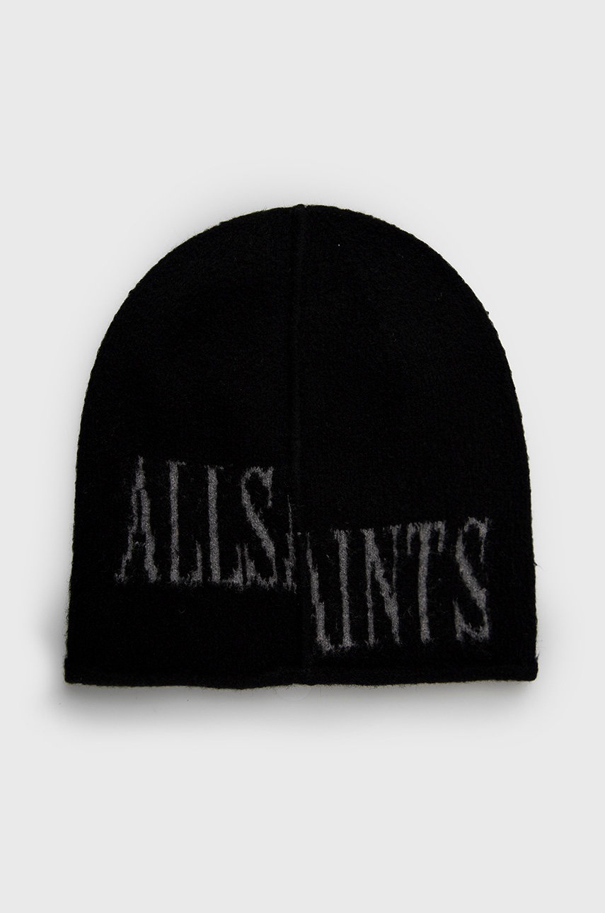 

Шапка з домішкою вовни AllSaints колір чорний з тонкого трикотажу