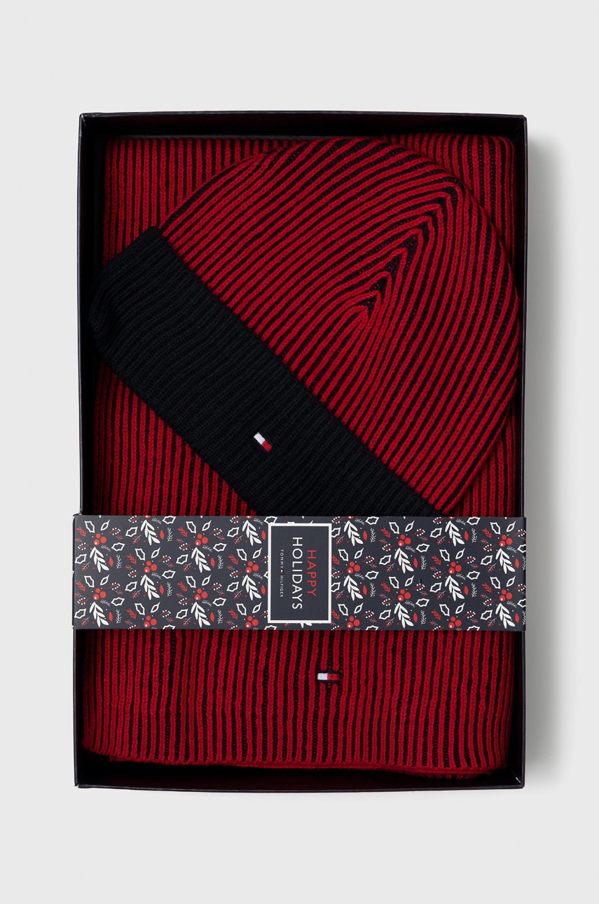 

Шапка и шал с кашмир Tommy Hilfiger в червено, Червен