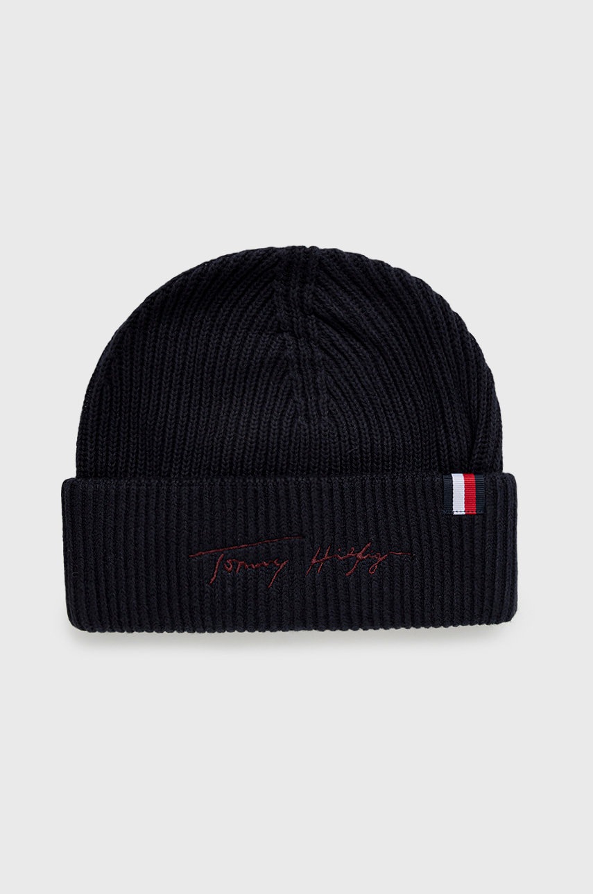 

Шапка Tommy Hilfiger в тъмносиньо с фина плетка от памук, Тъмносин