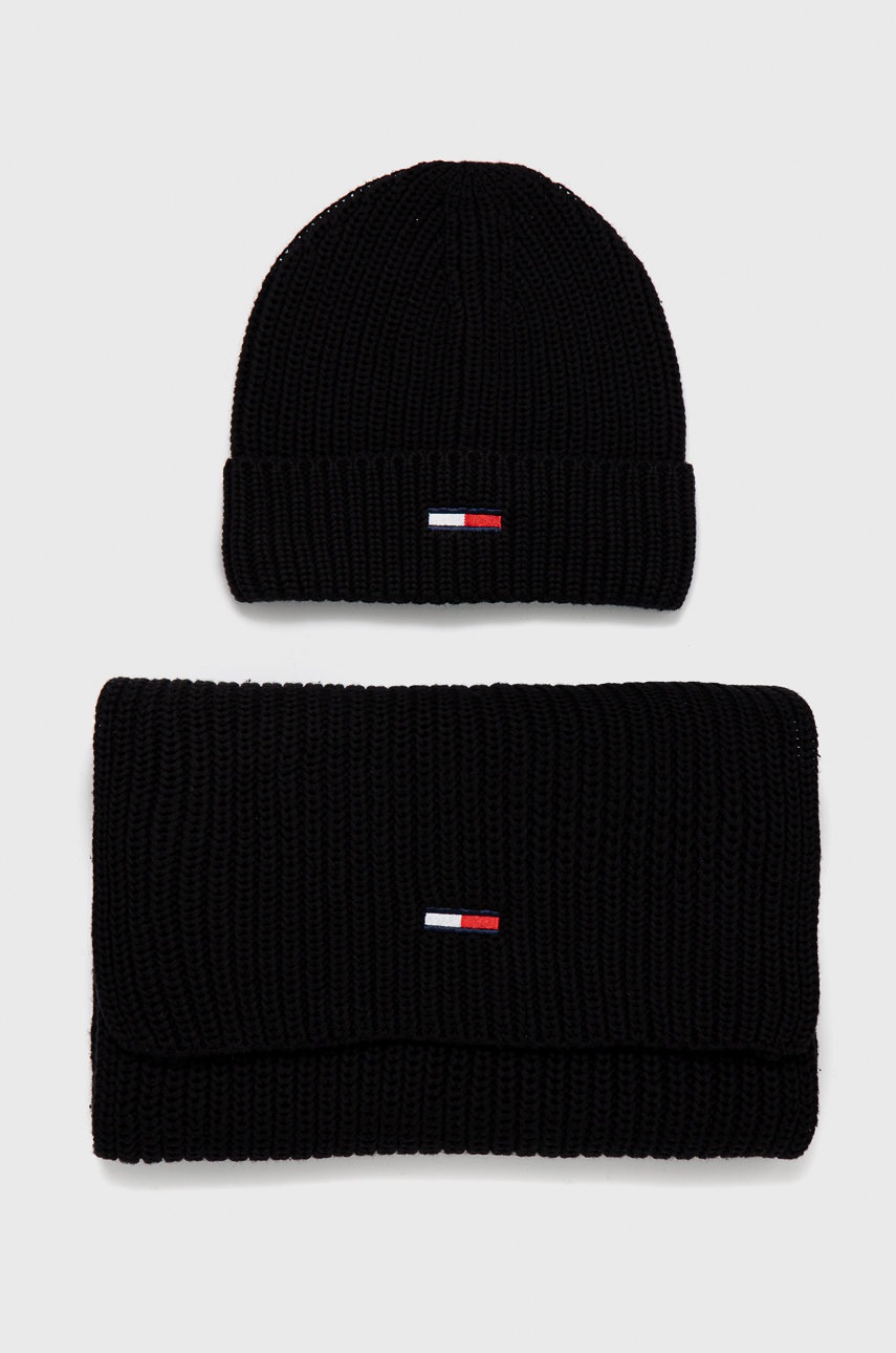 

Памучни шапка и шал Tommy Jeans в черно, Черен