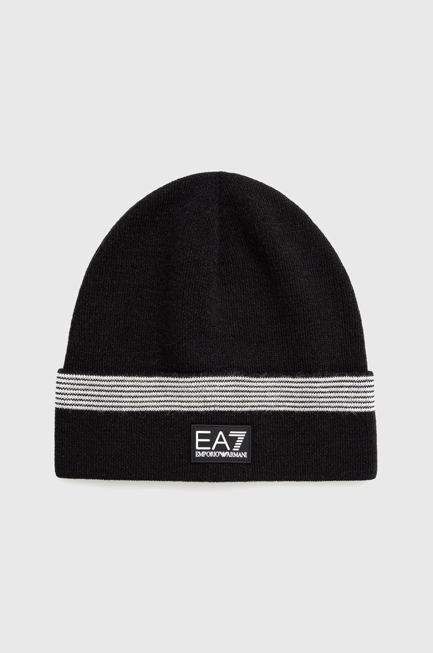 

Шапка с вълна EA7 Emporio Armani в черно с фина плетка, Черен