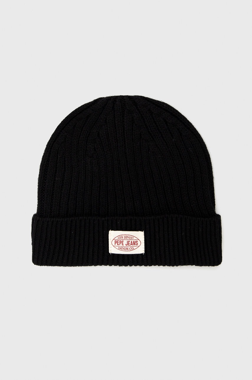 

Шапка с вълна Pepe Jeans в черно с фина плетка, Черен