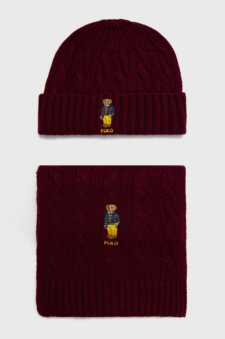 

Polo Ralph Lauren - Шапка и шал с вълна, Бордо