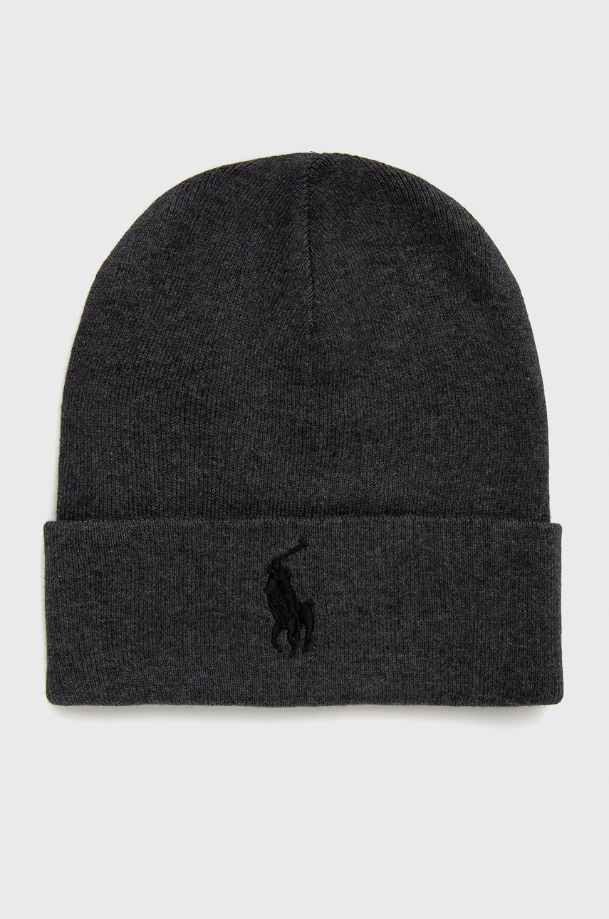 

Памучна шапка Polo Ralph Lauren в сиво с фина плетка от памук, Сив