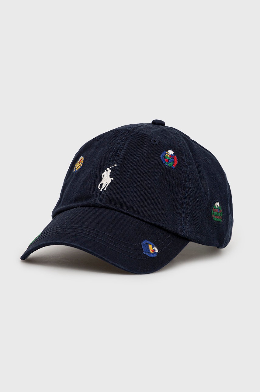

Памучна шапка Polo Ralph Lauren в тъмносиньо с десен, Тъмносин