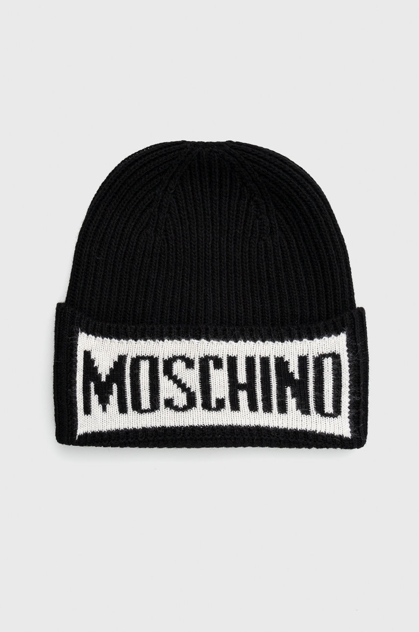 Vlněná čepice Moschino černá barva, z husté pleteniny