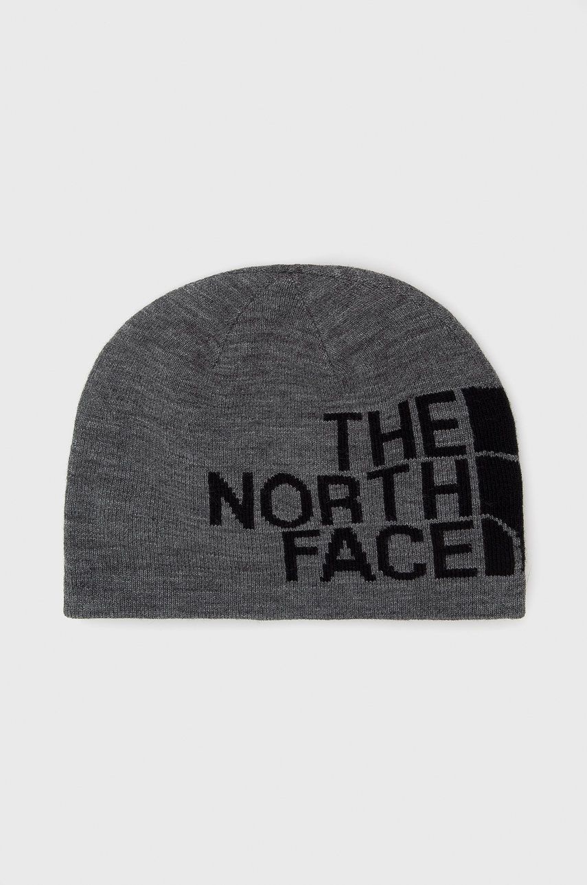 Oboustranná čepice The North Face šedá barva, z tenké pleteniny - šedá -  95% Akryl