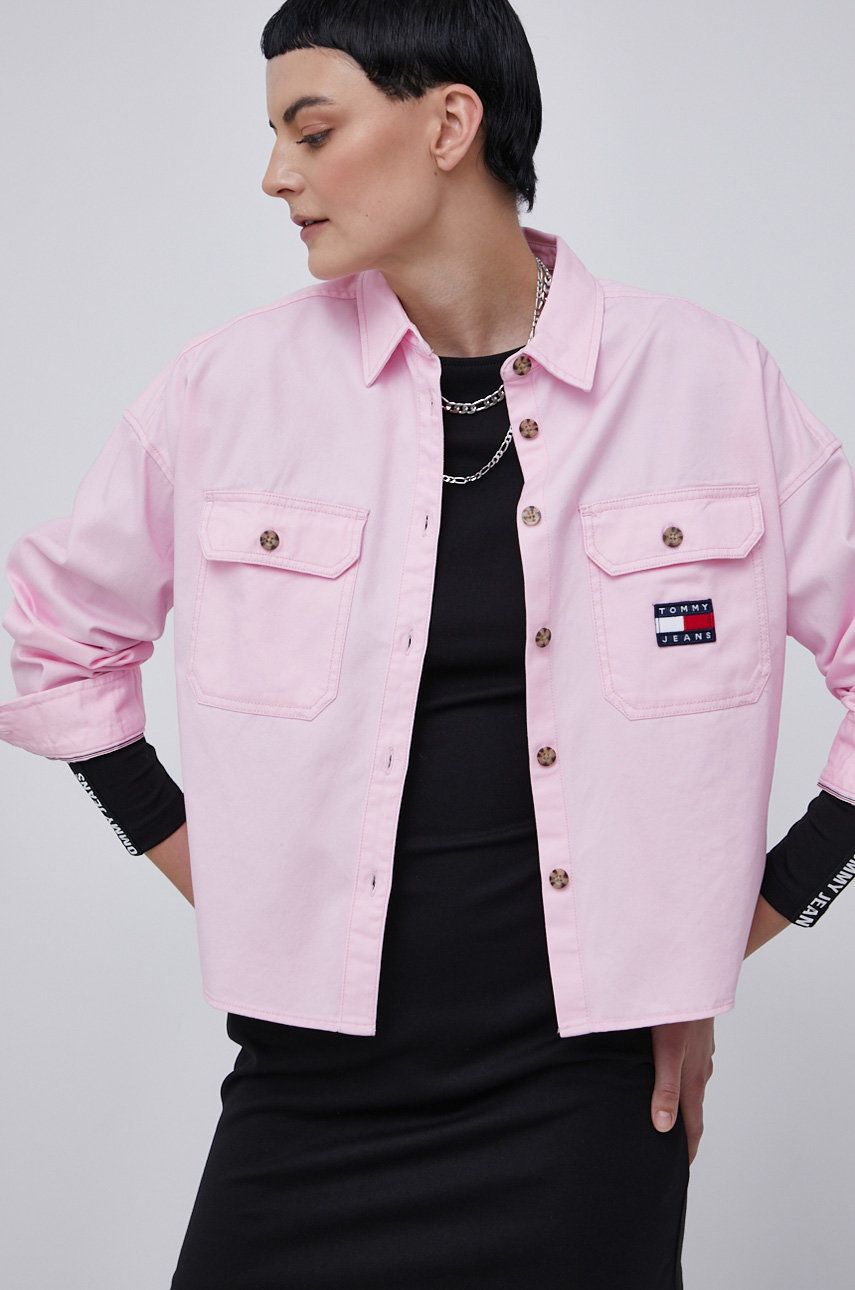 Tommy Jeans Cămașă din bumbac femei, culoarea roz, cu guler clasic, relaxed answear.ro imagine megaplaza.ro
