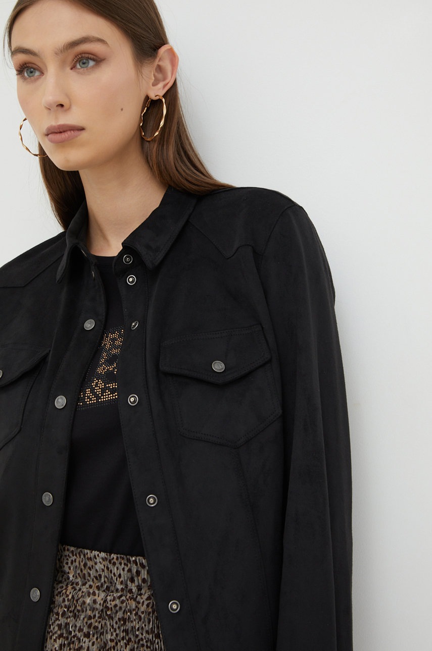 

Риза Guess дамска в черно със стандартна кройка с класическа яка, Черен